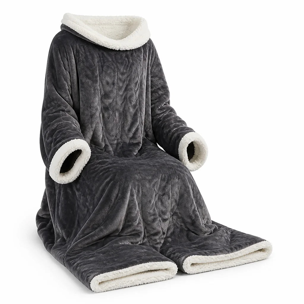 Sherpa-Lined, Machine Washable, Wearable Heated Blanket (with Sleeves and Foot Pockets)