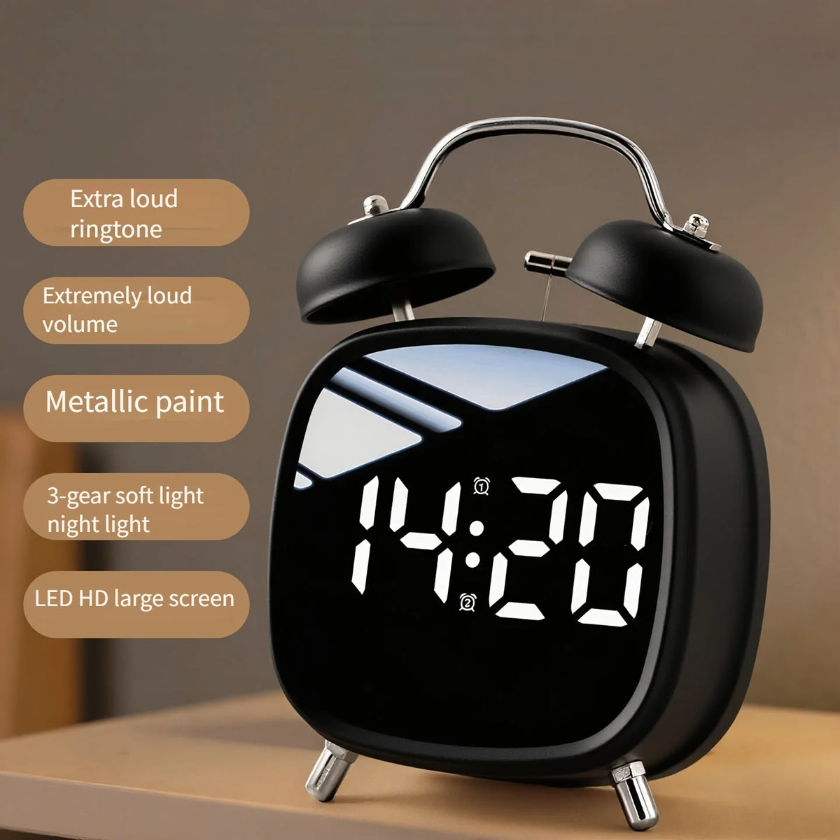 Digital alarm clock with classic double bells