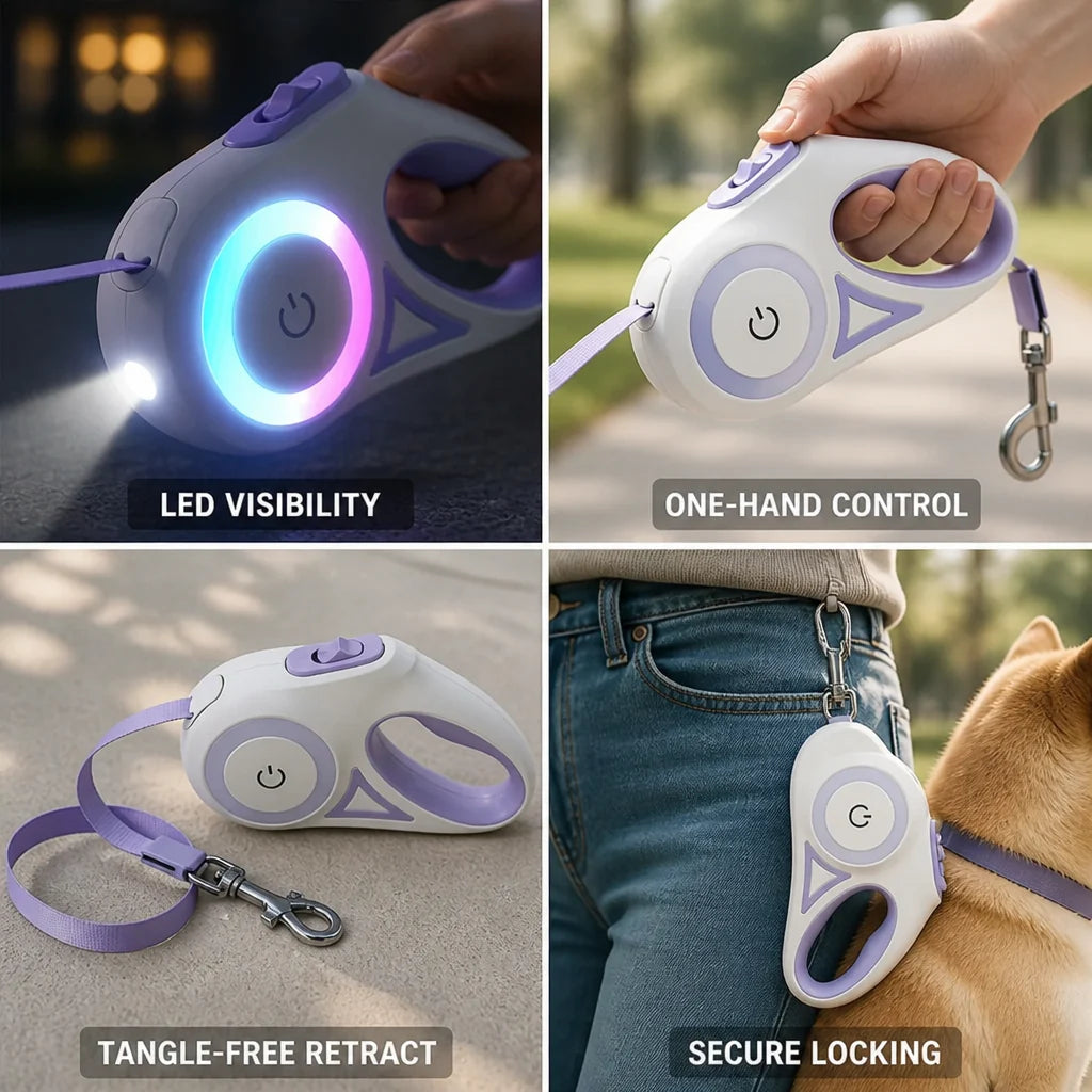 Built-in LED, One-Hand Brake & Lockable Retractable Dog Leash Strap