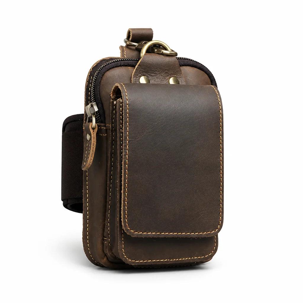 Full-grain cowhide leather fanny pack with magnetic flap and zipper