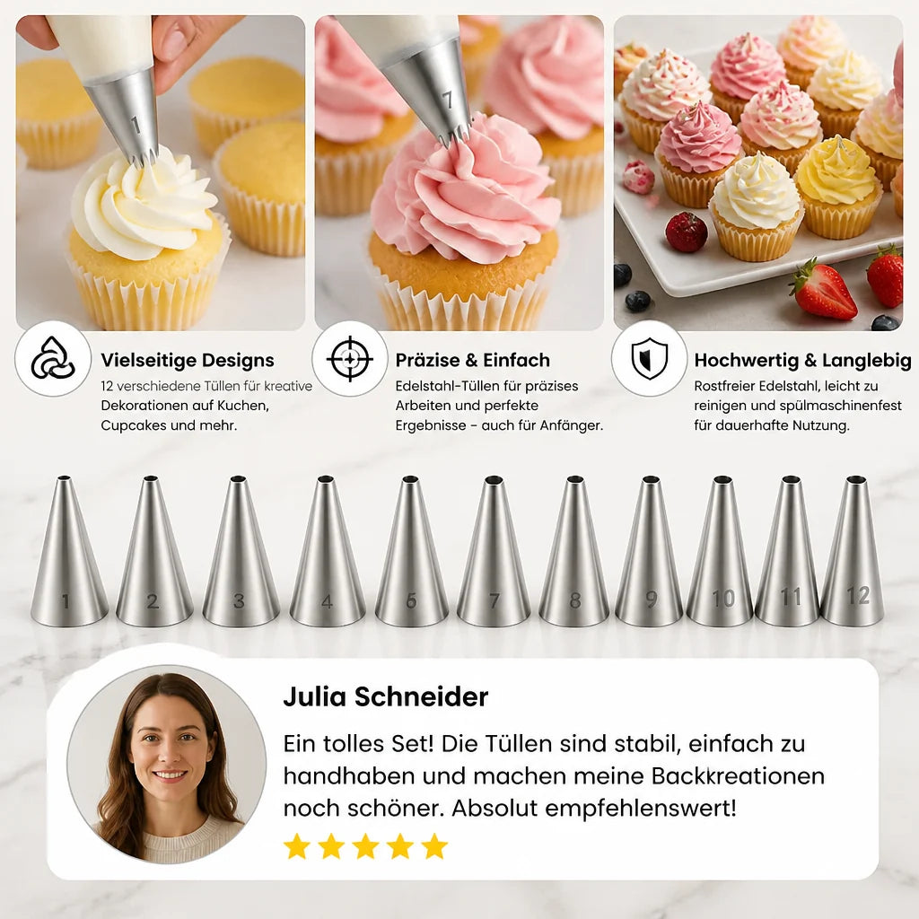 12-piece piping nozzle set for cakes & cupcakes