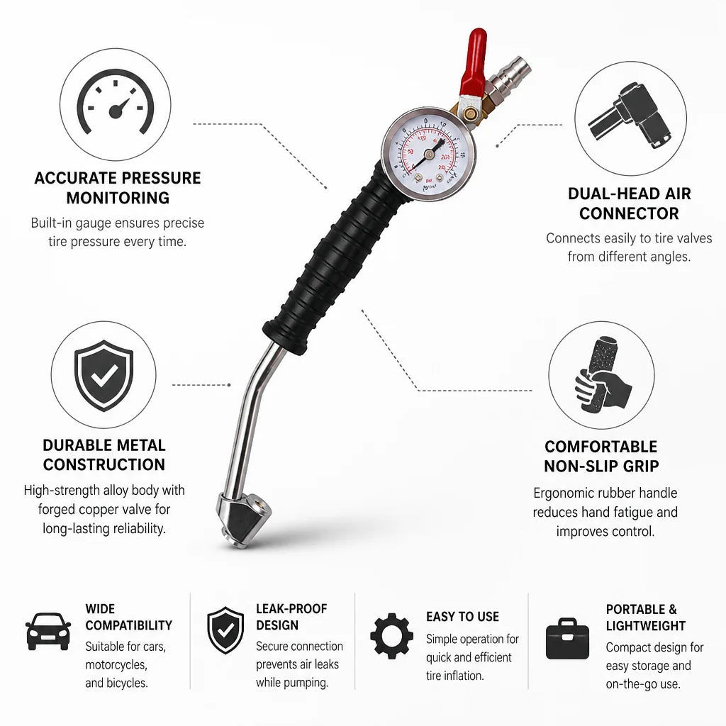 Built-in Manometer & Dual-Head Tire Pump
