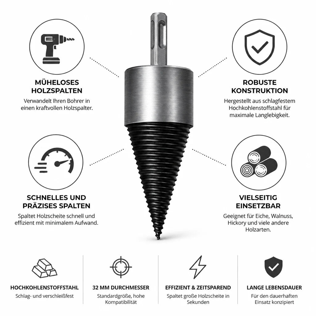 Impact-resistant high carbon steel drill for splitting firewood (32 mm)