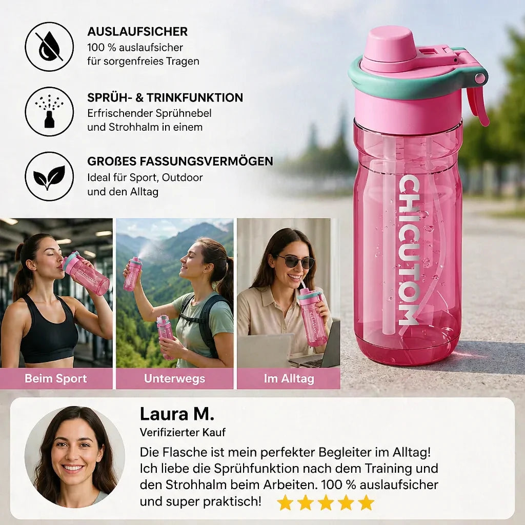Sports Drinking Bottle with Spray Function & Straw