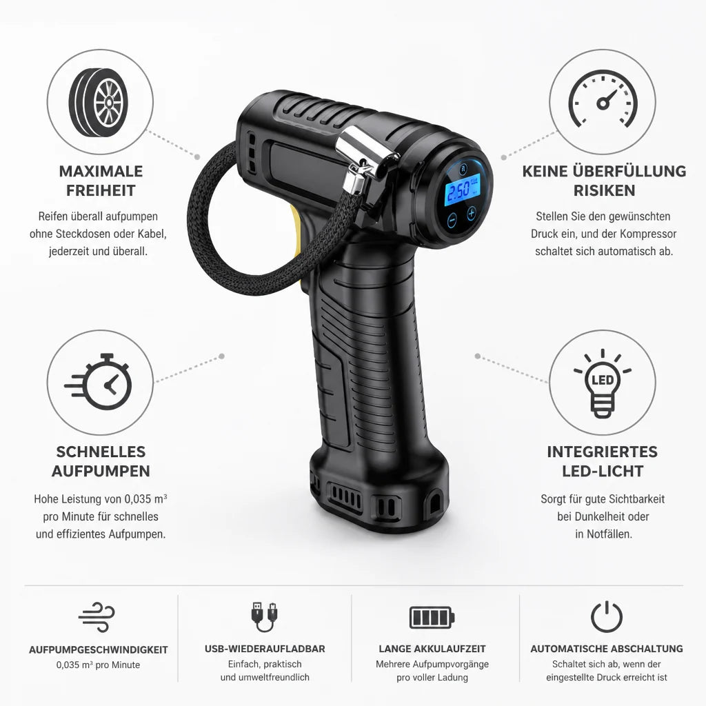Cordless USB Rechargeable Tire Inflator (Digital Display & LED)