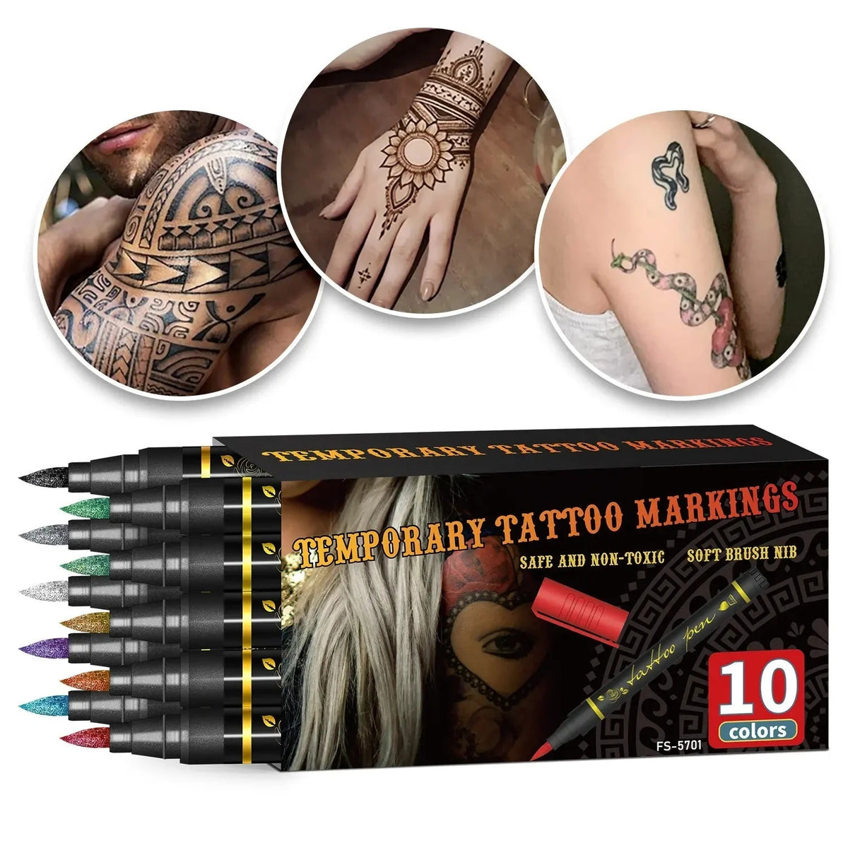 Temporary Tattoo Markers – 10 Colors Brush Tip