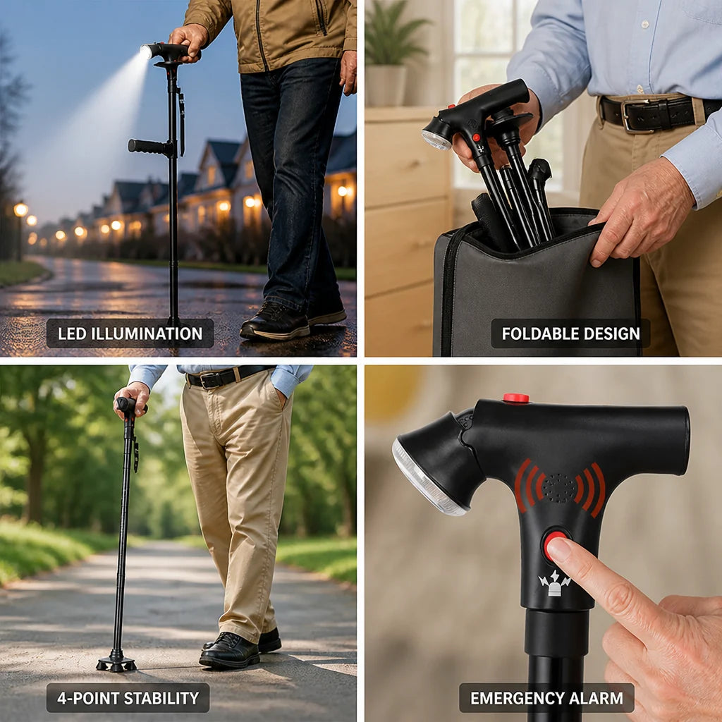 Lightweight Aluminum 4-Point Folding Cane (LED & Alarm) C1