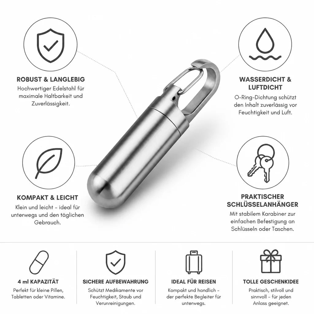 Stainless Steel Waterproof and Airtight Pill Case Keychain