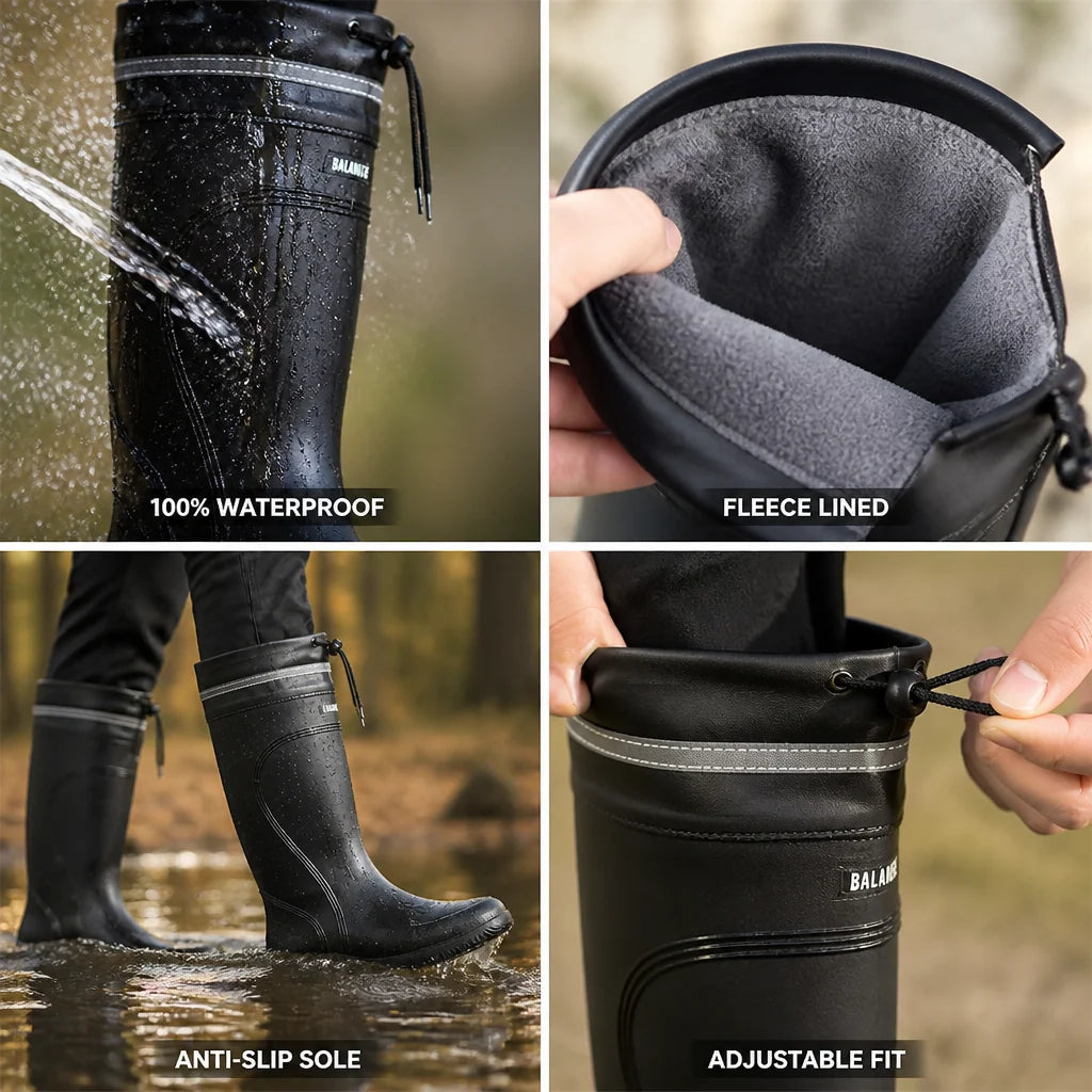 Waterproof, fleece-lined, non-slip knee-high rain boots