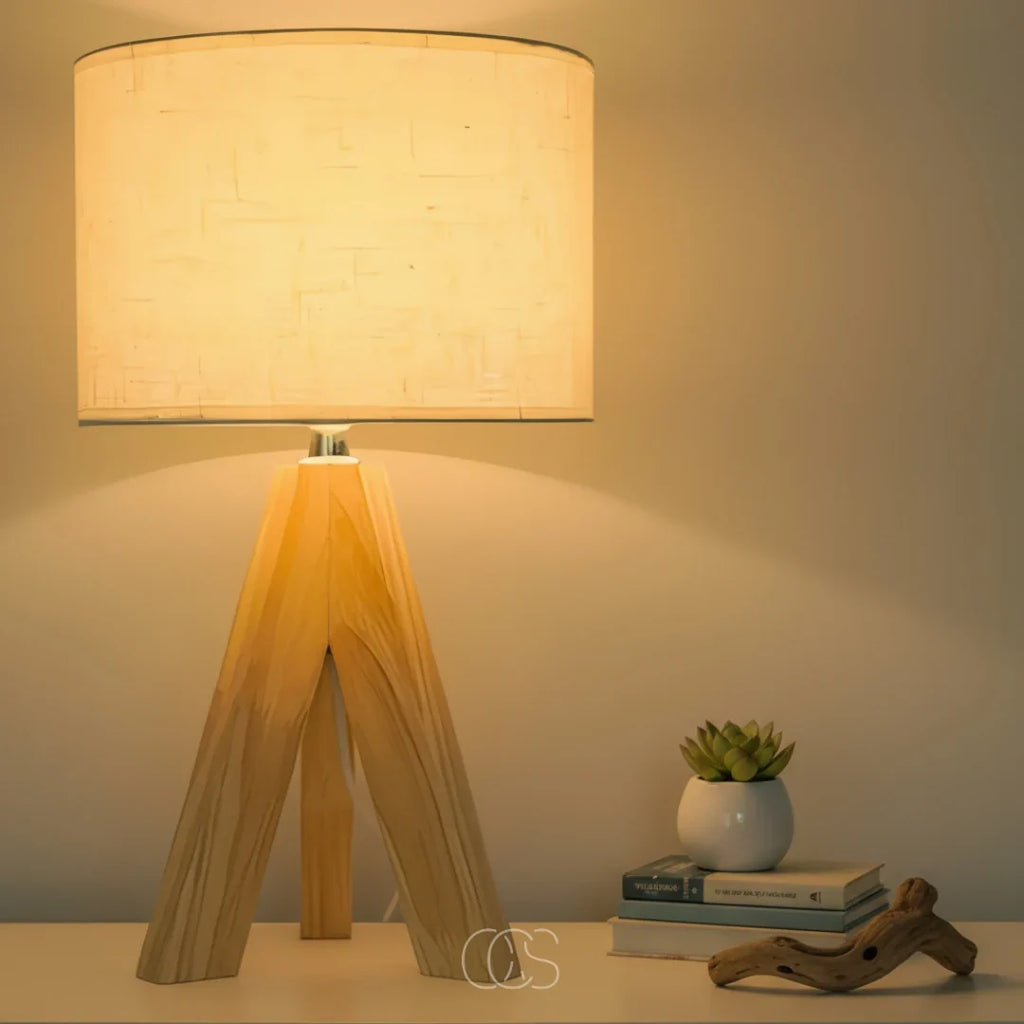 Table lamp with wooden base and warm amber light
