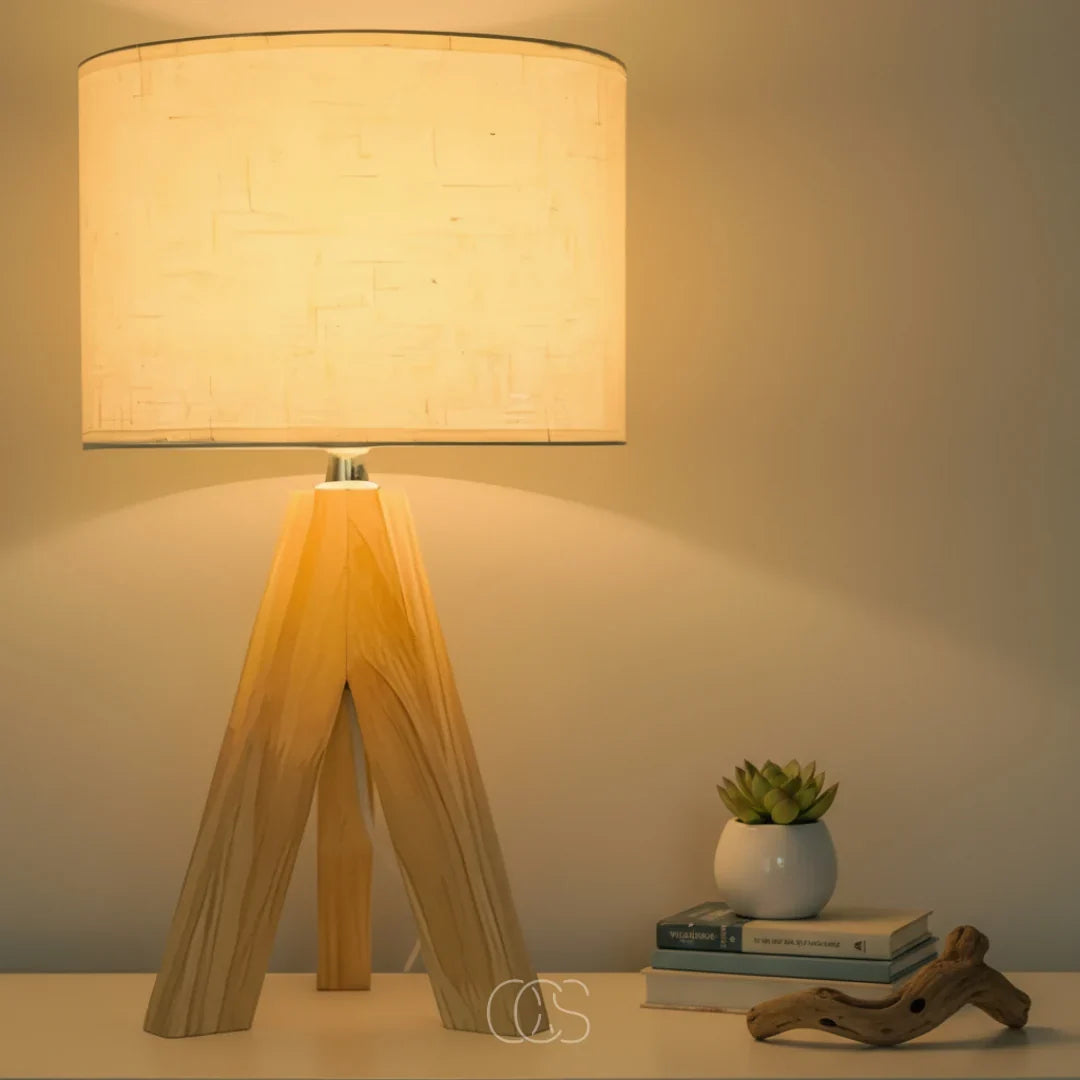 Table lamp with wooden base and warm amber light