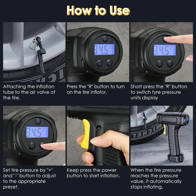 Cordless USB Rechargeable Tire Inflator (Digital Display & LED)