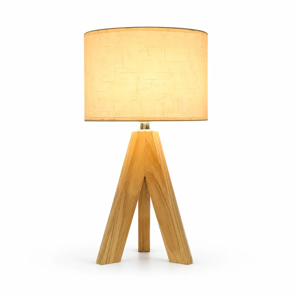 Table lamp with wooden base and warm amber light