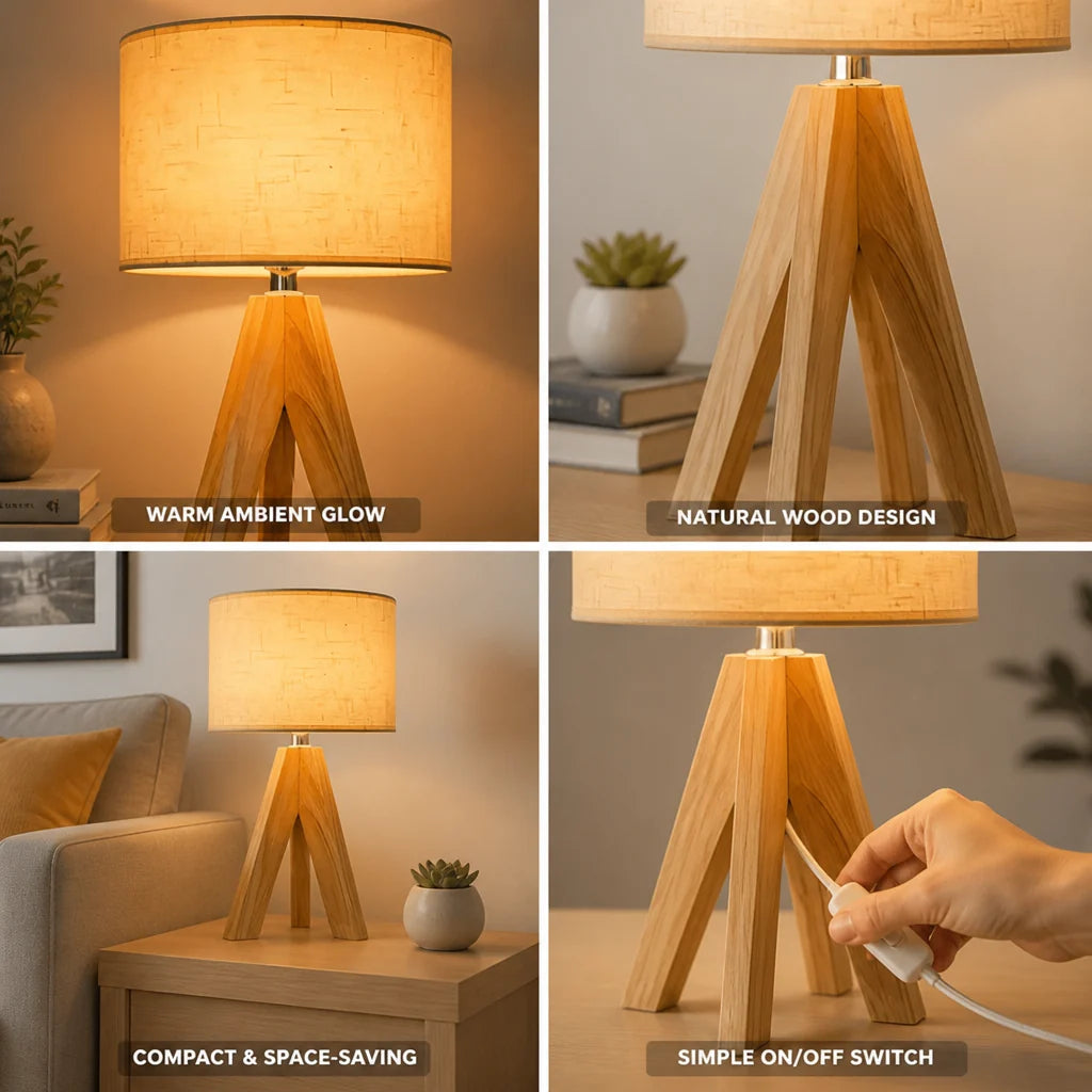 Table lamp with wooden base and warm amber light