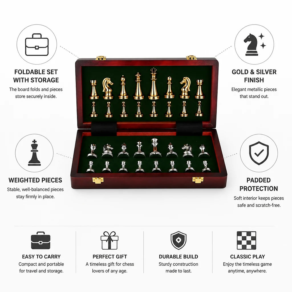 Foldable Padded Chess Set with Gold and Silver Finish