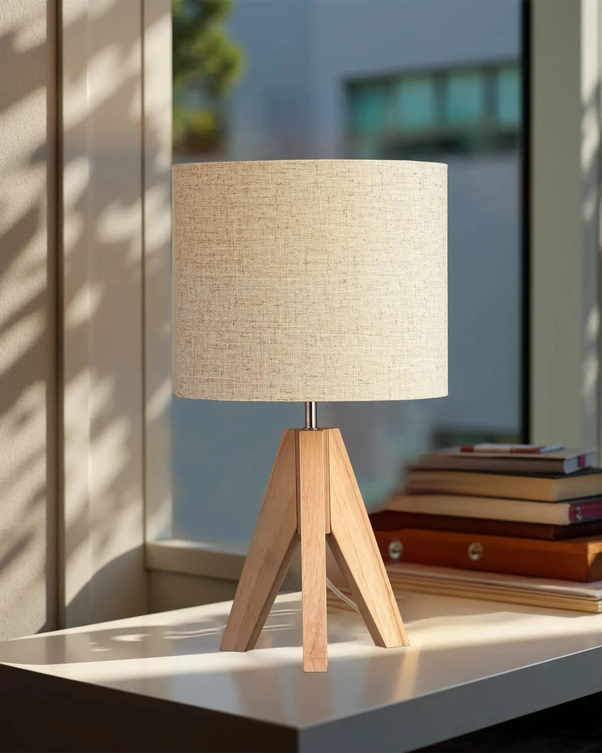 Wooden Table Lamp, Tripod Base, LED Bulb Included