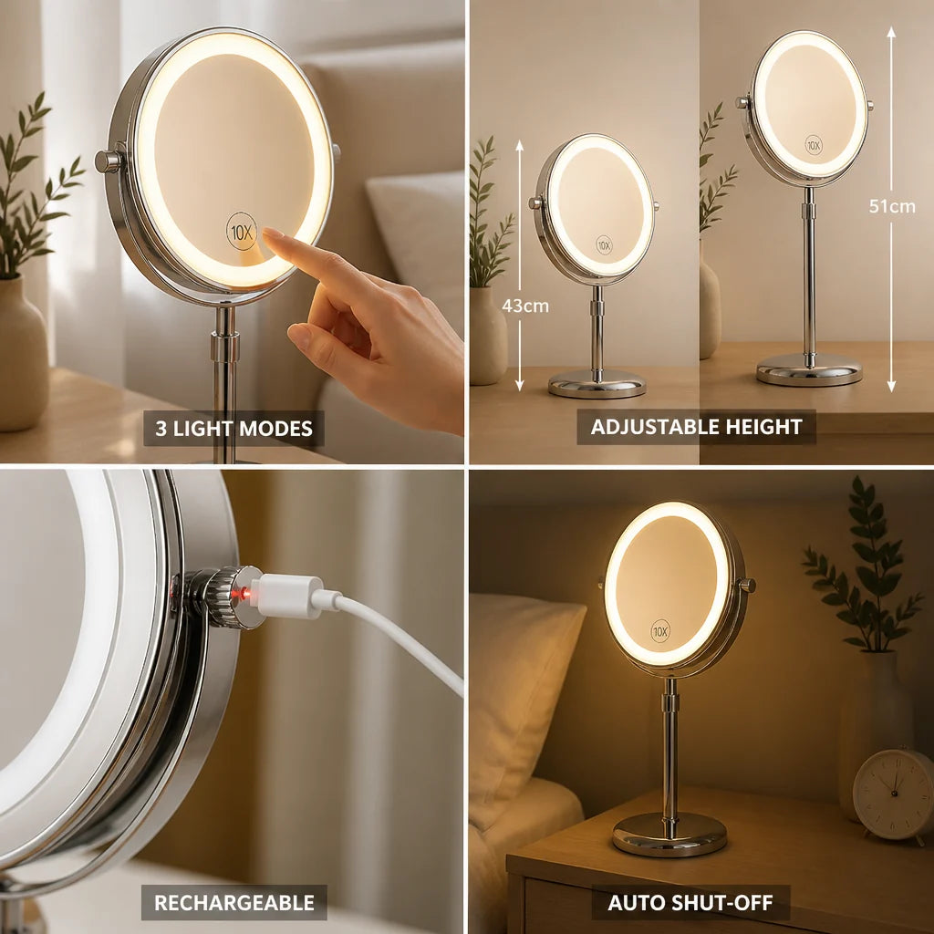 Rechargeable 10X Double-Sided LED Cosmetic Mirror (Telescopic Stand)