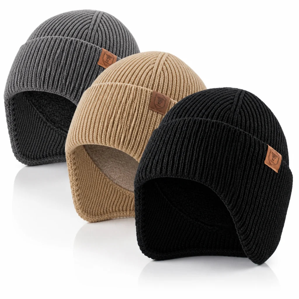 Knitted winter hat with fleece lining and ear flaps