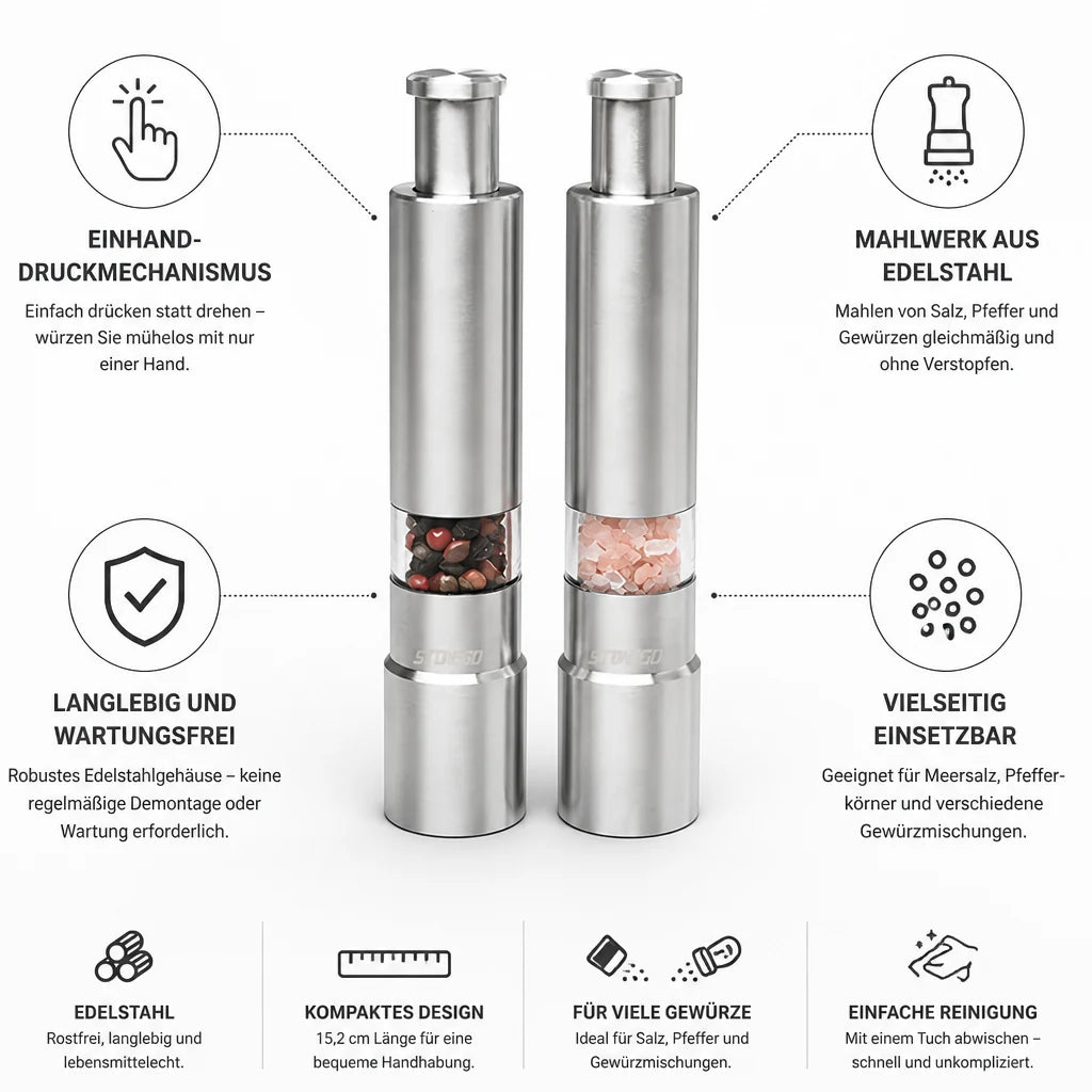 Single-hand Stainless Steel Salt and Pepper Grinder (2-pack)