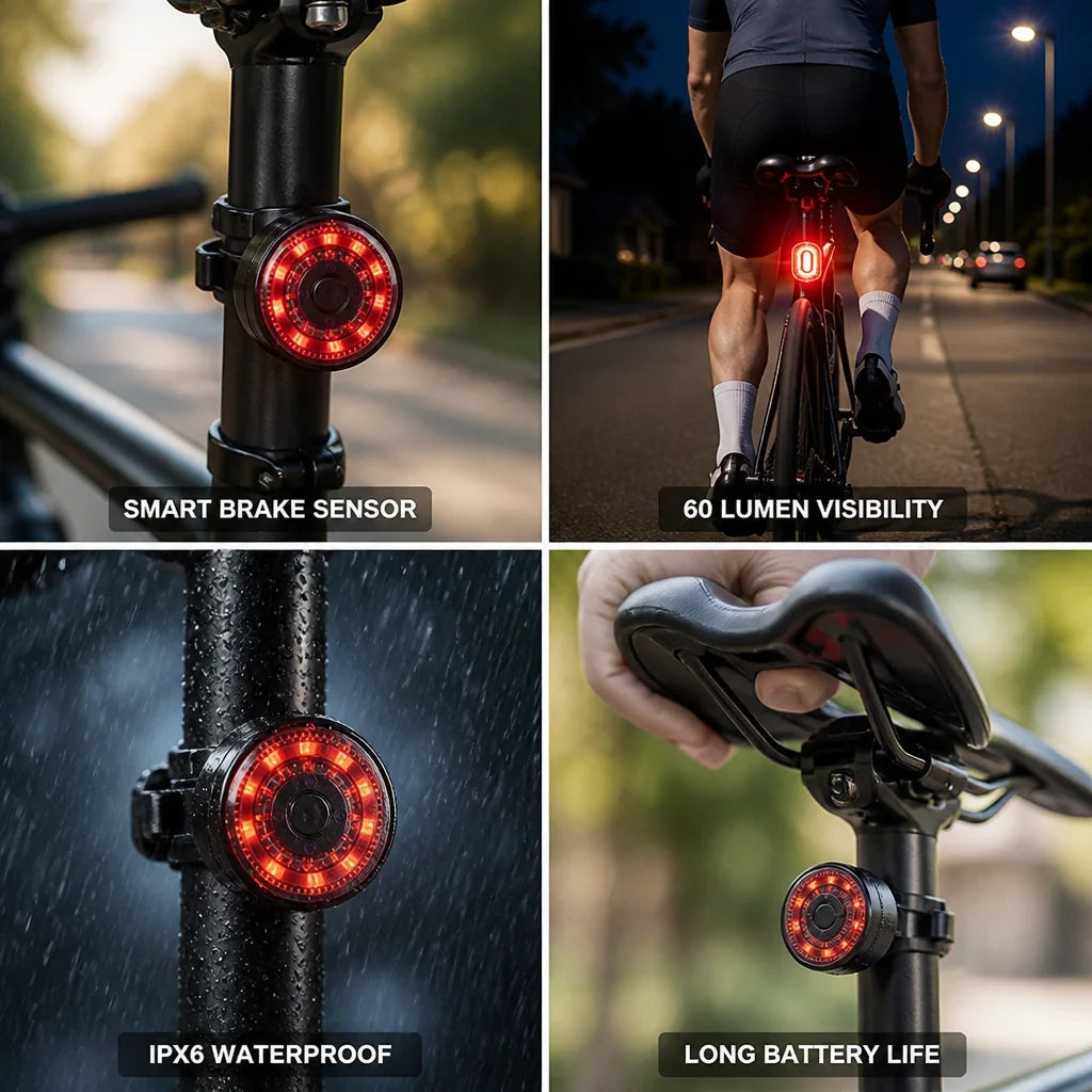 Intelligent Brake Light with 60 Lumen Rechargeable Rear Light for Bicycles