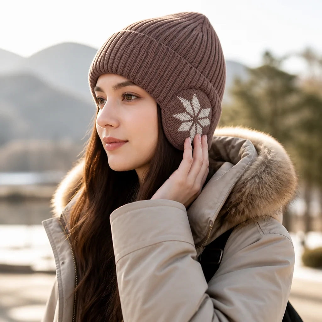 Fleece Lined Beanie Ribbed Knit & Ear Flap (One Size Fits Most)