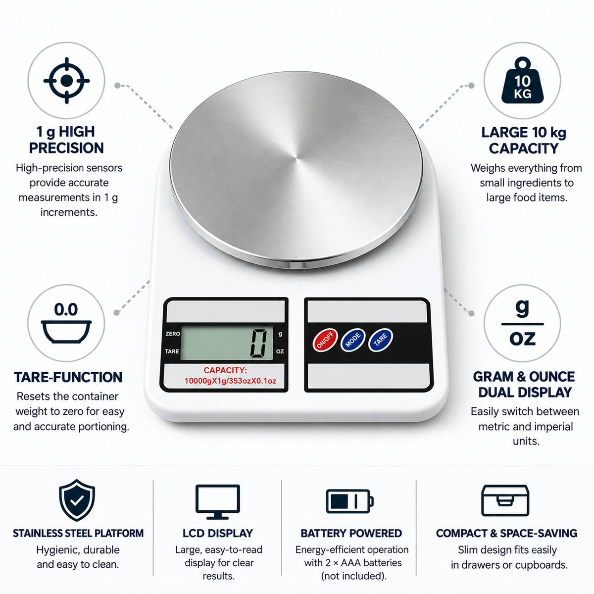 Digital Kitchen Scale 1g Accuracy & Stainless Steel
