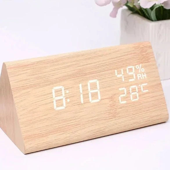 LED Alarm Clock Wood Effect with 3 Alarms & Temperature