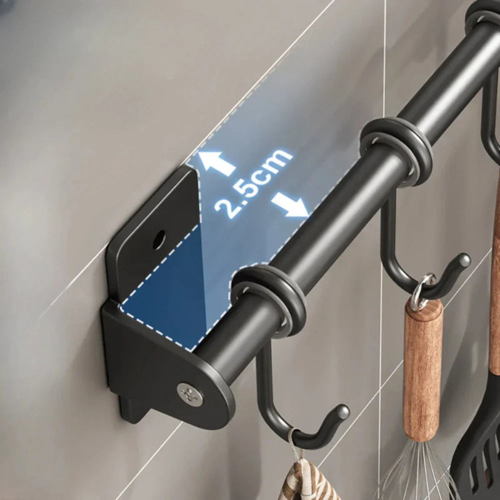 Wall rail kitchen with S-hooks and lid holder