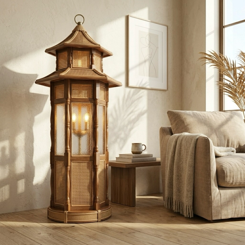 Pagoda Rattan Lantern Floor Lamp