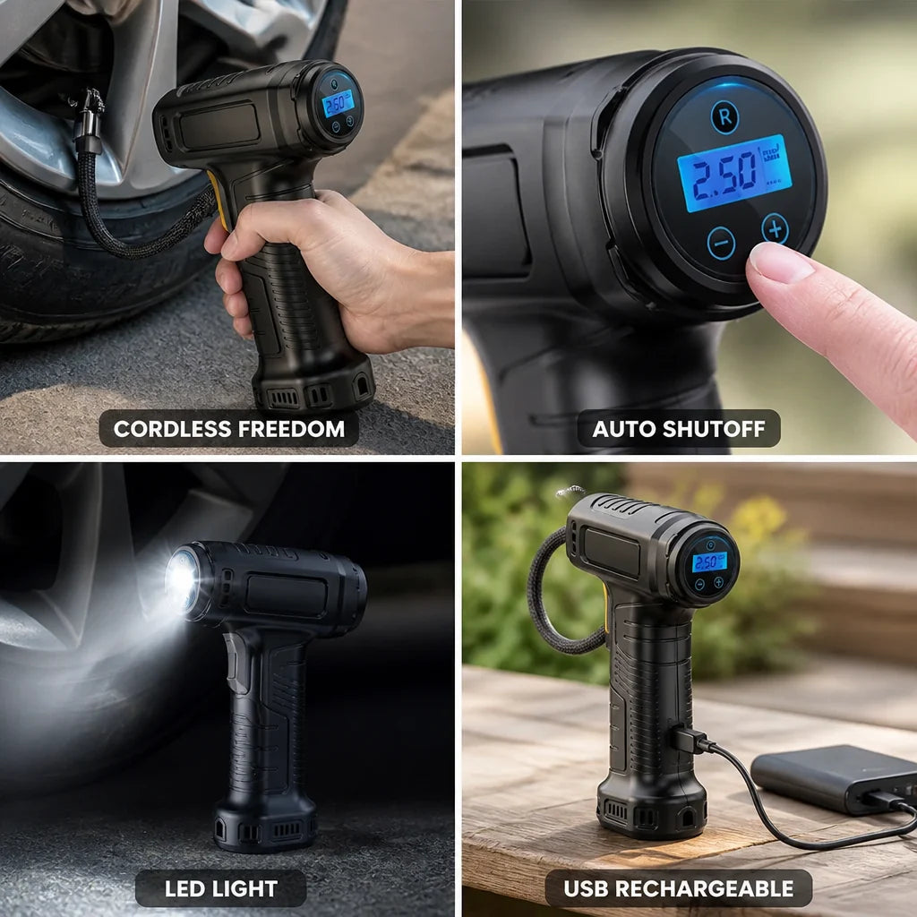 Cordless USB Rechargeable Tire Inflator (Digital Display & LED)