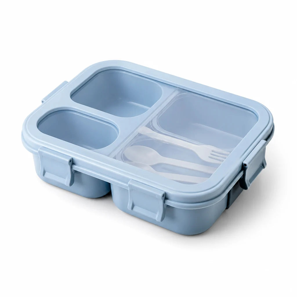 Lunchbox for children with three compartments and four clips (including fork and spoon)