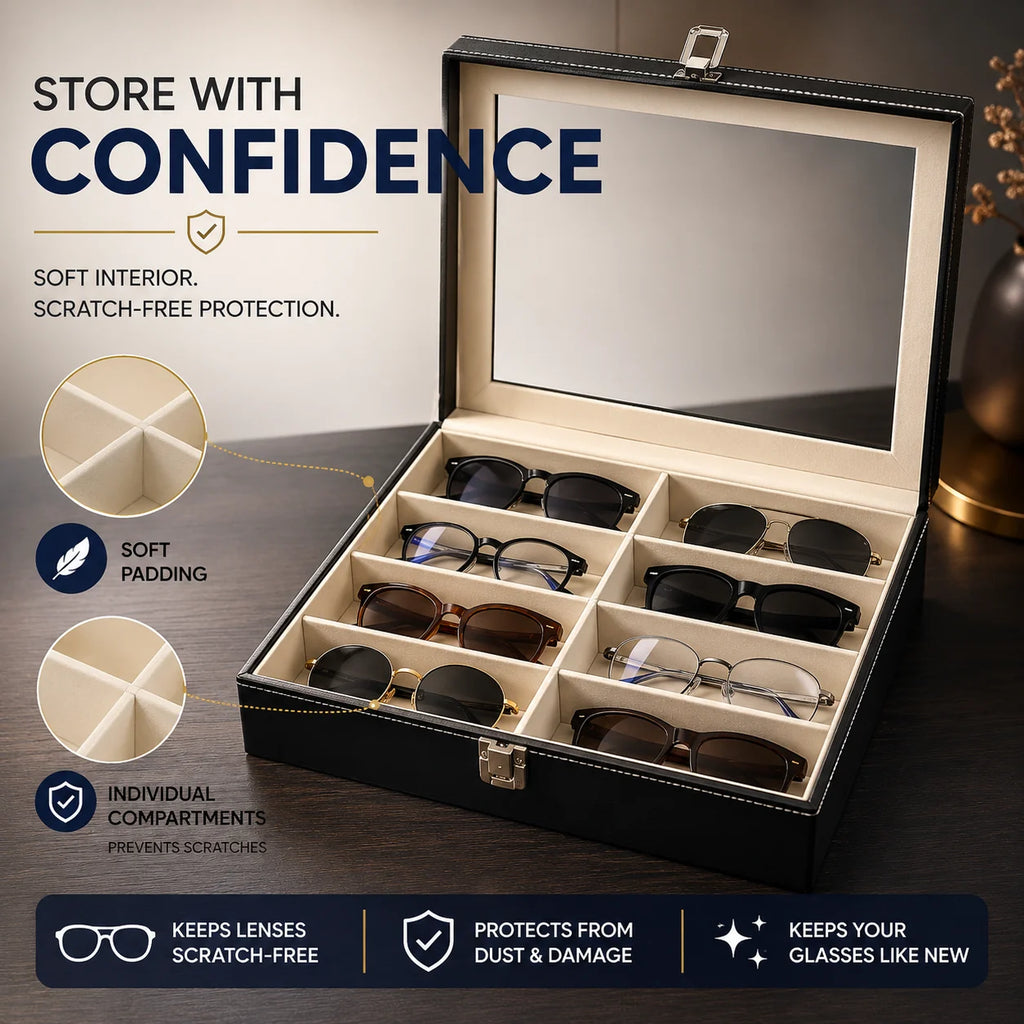 Glasses Organizer 8 Compartments with Glass Lid – Black