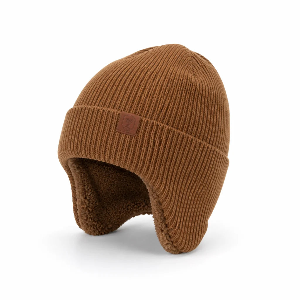 Knitted winter hat with fleece lining and ear flaps