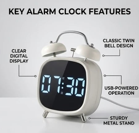 Digital alarm clock with classic double bells