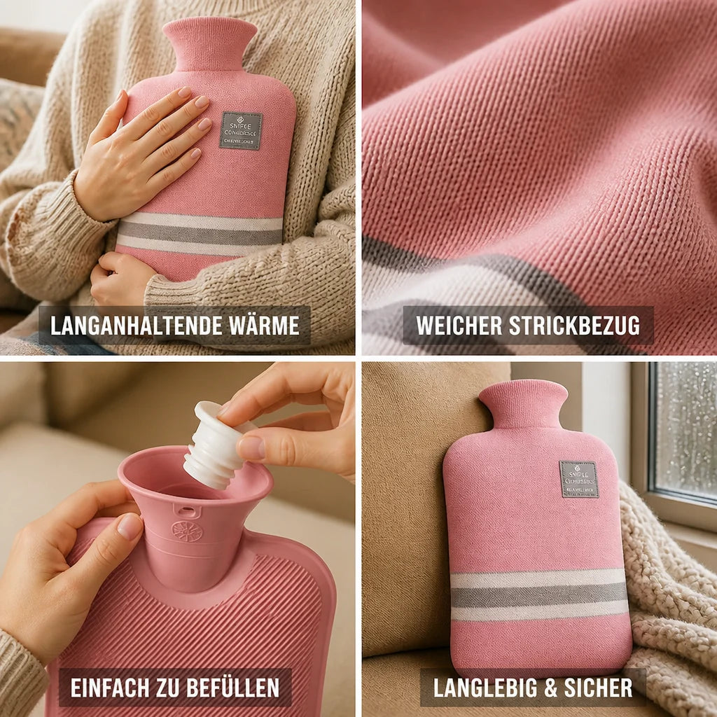 Soft, knitted, heat-retaining 1L hot water bottle