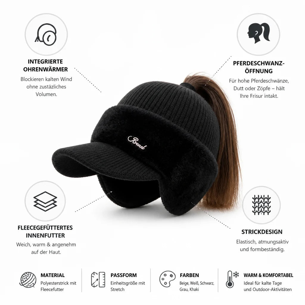Knit Fleece-Lined Baseball Cap with Ear Warmer (Ponytail Opening)