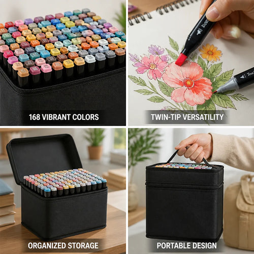 168-Color Dual-Tip Alcohol Marker Set (Zipper Bag)