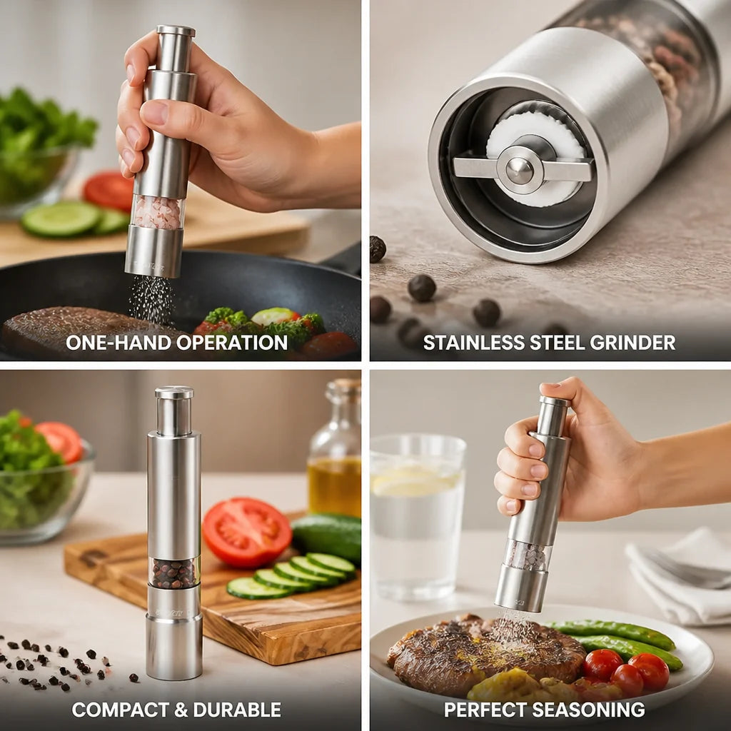 Single-hand Stainless Steel Salt and Pepper Grinder (2-pack)