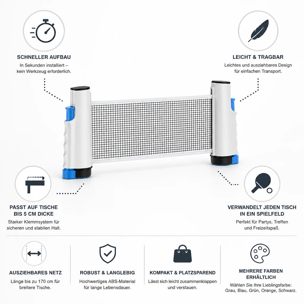 Retractable Folding Net for Table Tennis (Fits Tables up to 5 cm Thick)