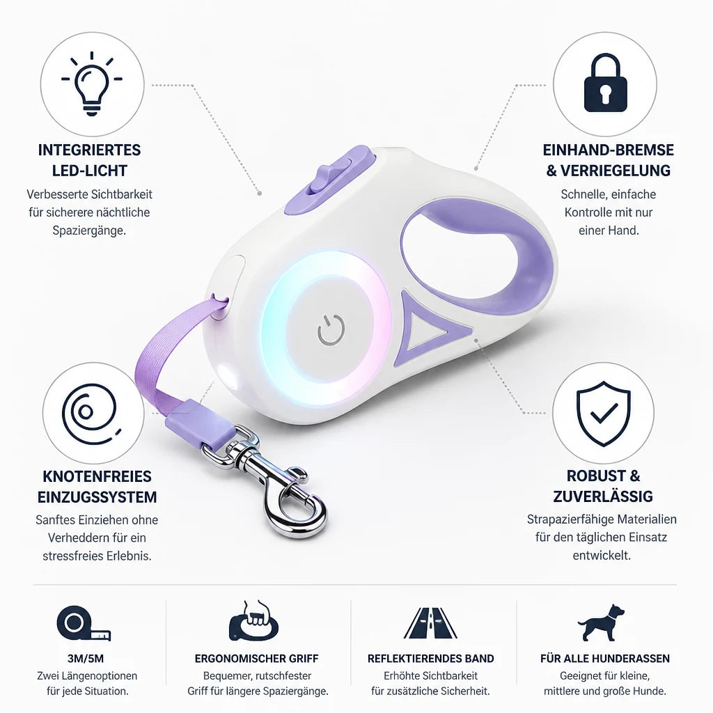 Built-in LED, One-Hand Brake & Lockable Retractable Dog Leash Strap