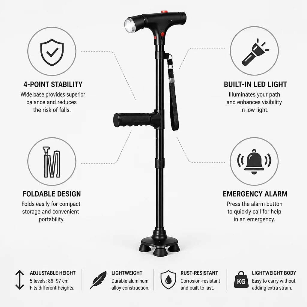 Lightweight Aluminum 4-Point Folding Cane (LED & Alarm) C3