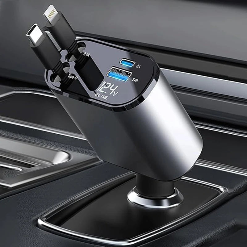 4-in-1 Car Charger with Retractable Cable