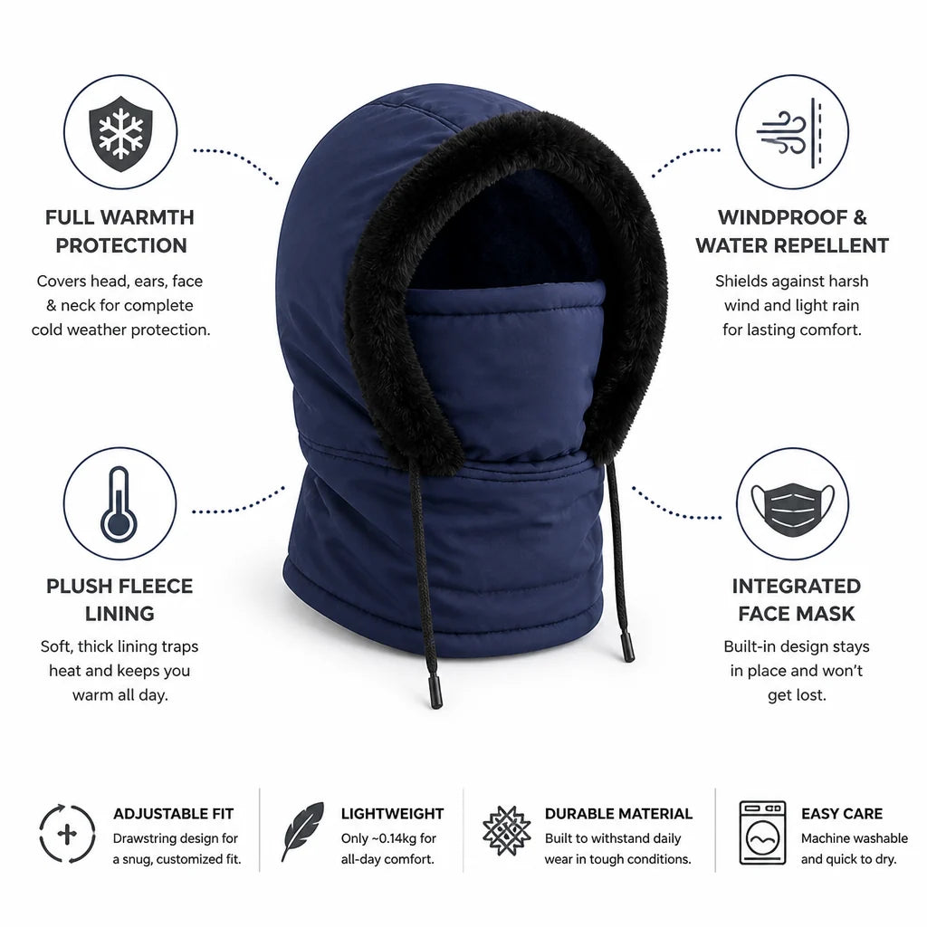 Plush-lined windproof balaclava (integrated face mask)