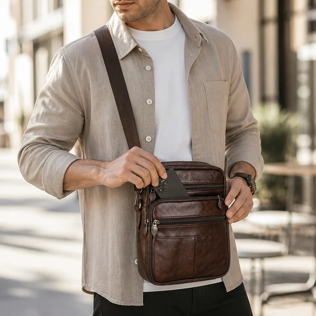 Genuine Cowhide Leather Shoulder Bag (Multiple Compartments)
