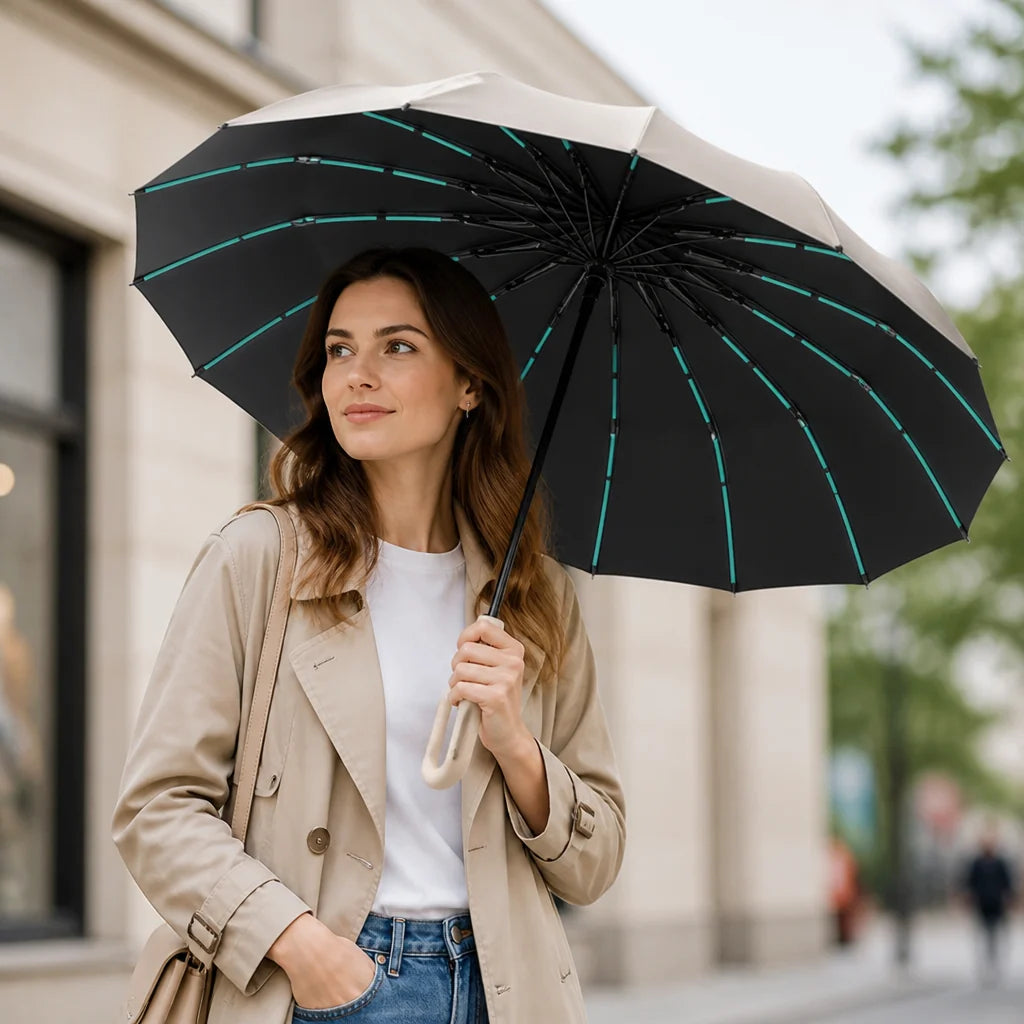Windproof 16-Spoke Automatic Folding Umbrella
