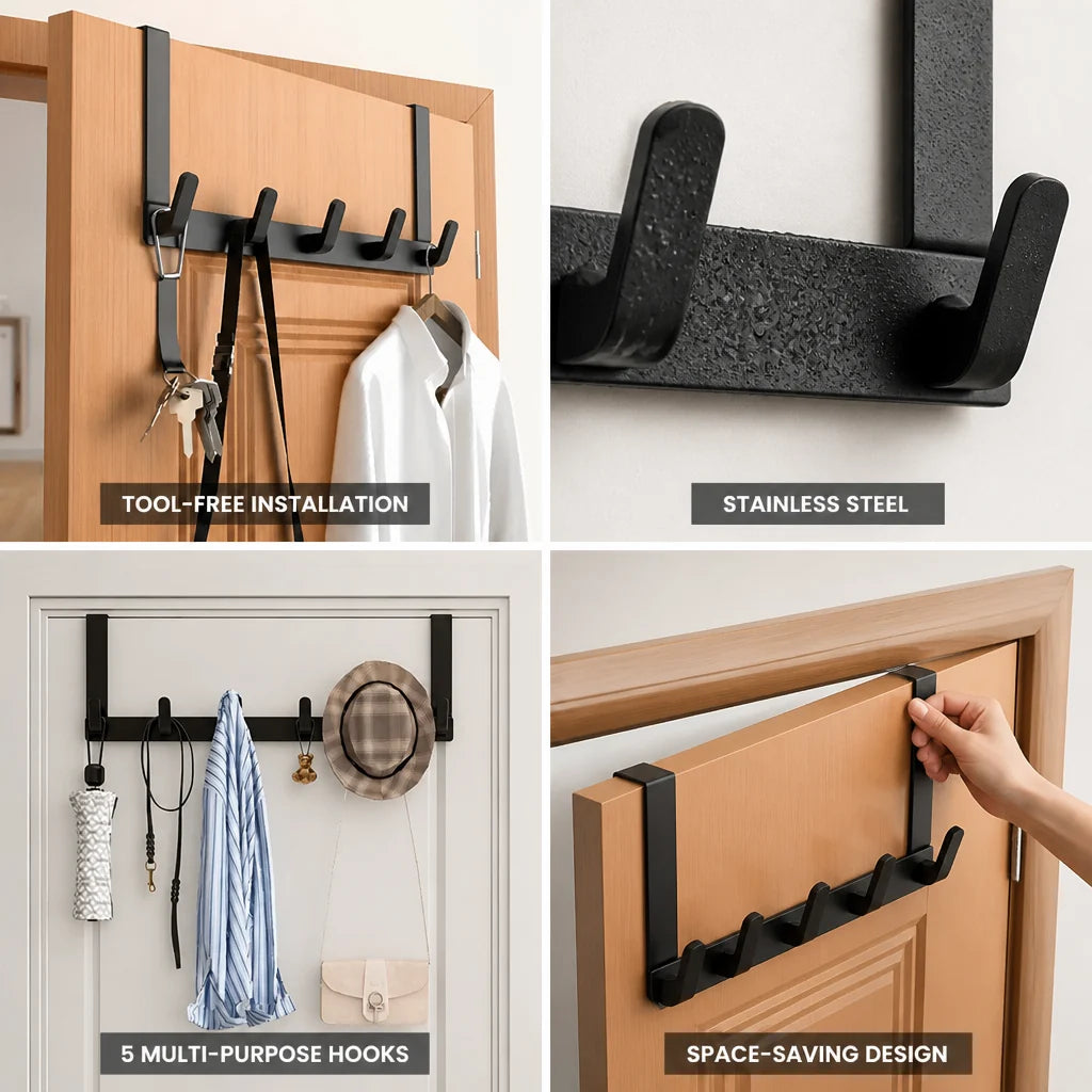 Tool-free Stainless Steel Door Hook Rack (5 Hooks)