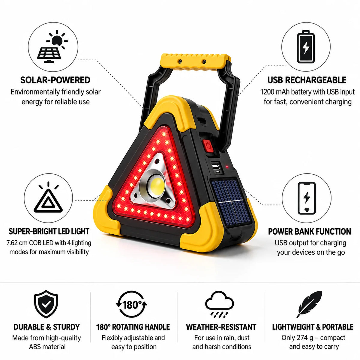 Emergency Triangle Light Solar USB Rechargeable (1200mAh)
