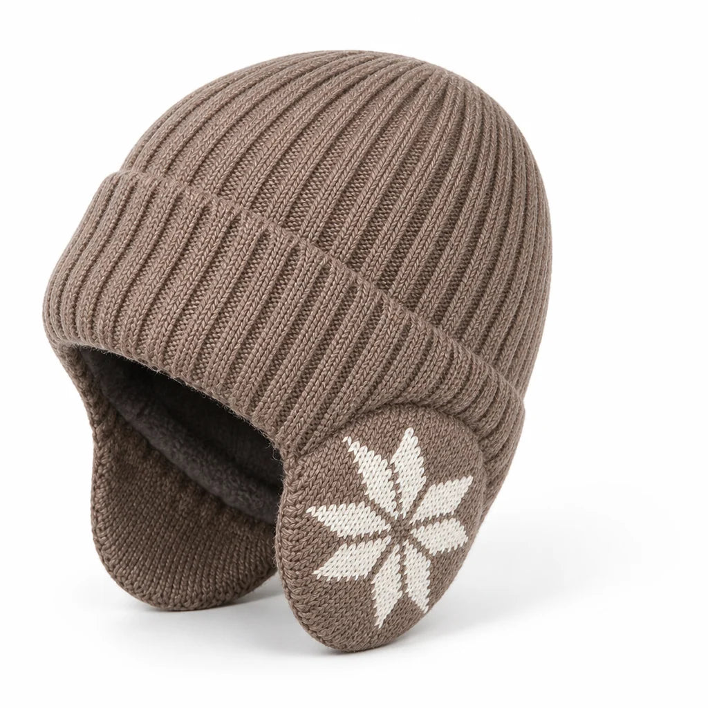 Fleece Lined Beanie Ribbed Knit & Ear Flap (One Size Fits Most)