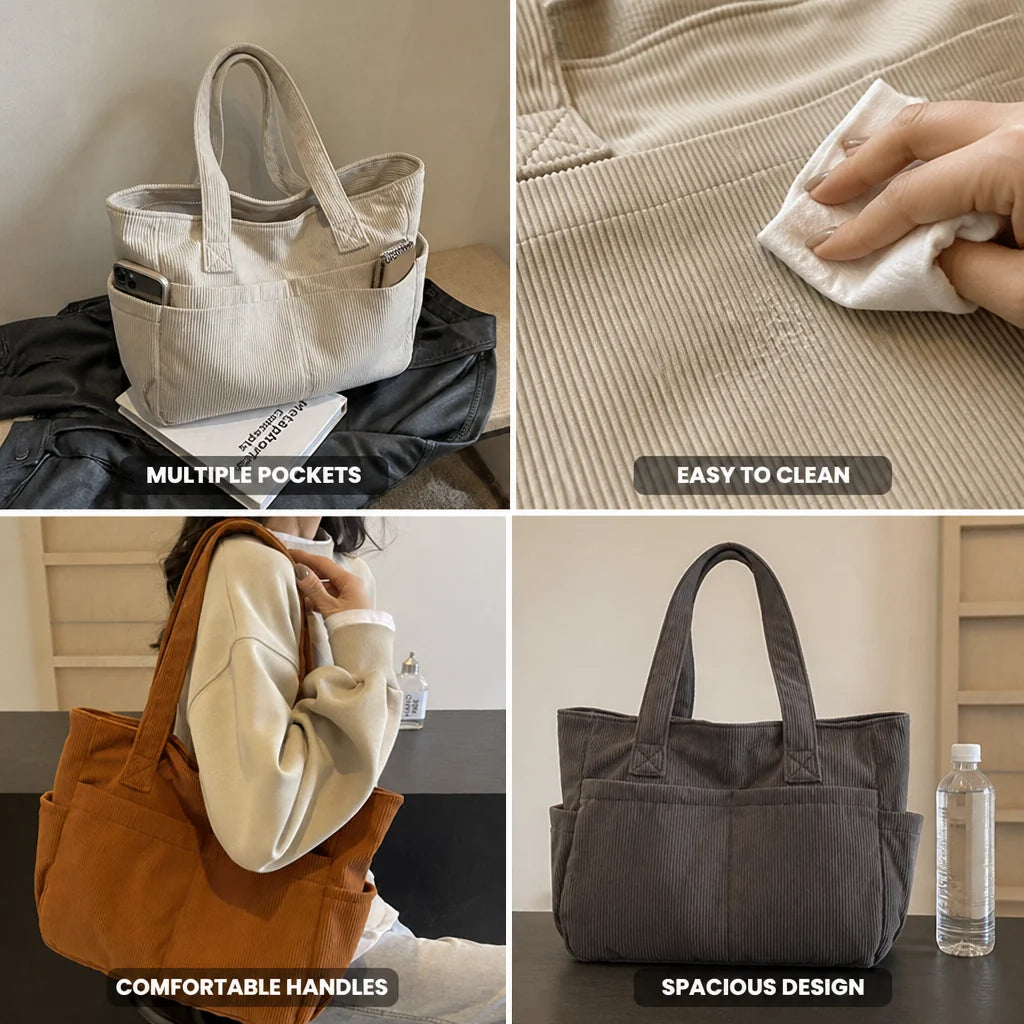Multi-pocket shoulder bag with simple cleaning system (ergonomic handles)