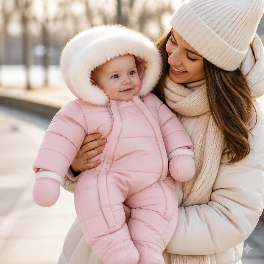 Padded Baby Romper with Faux Fur Hood (Built-in Hand Warmers)